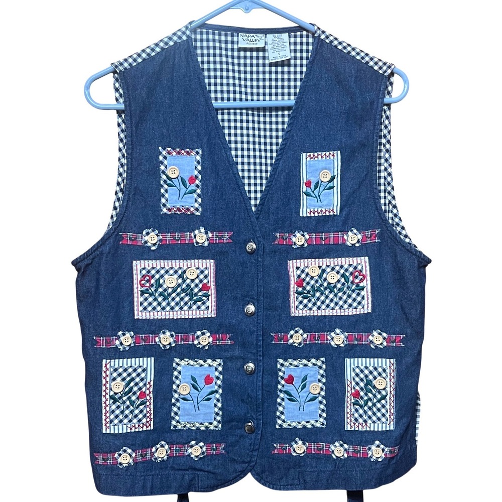 Denim Patchwork Floral Embroidery Vest Napa Valley Petites Womens Blue Small 80s